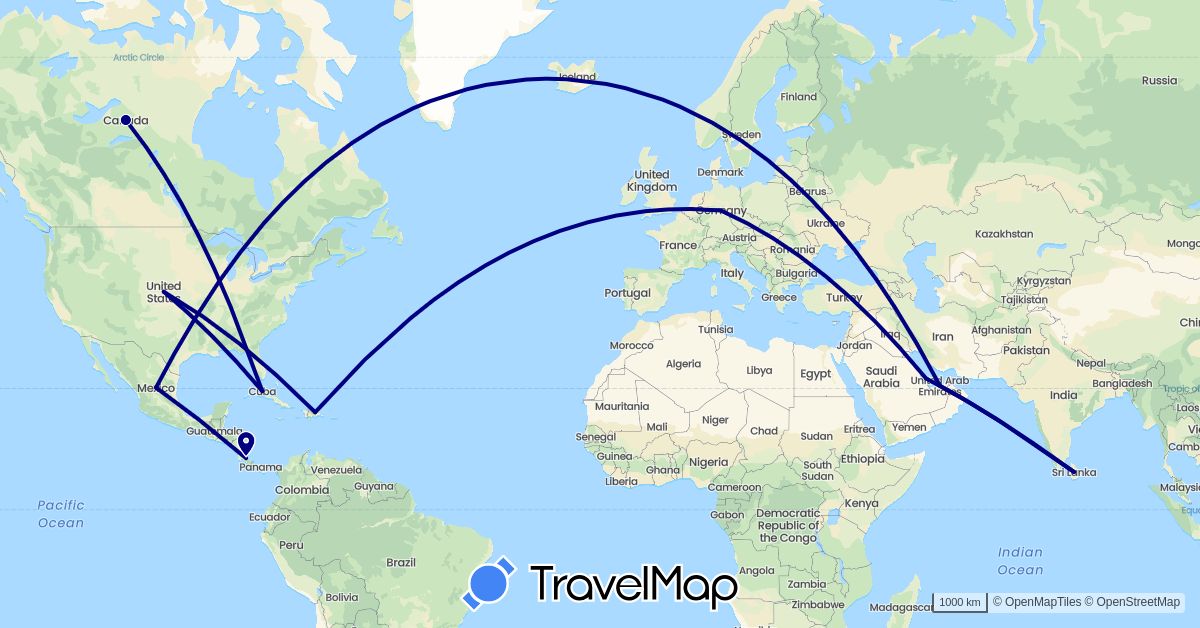 TravelMap itinerary: driving in United Arab Emirates, Canada, Costa Rica, Cuba, Germany, Dominican Republic, Sri Lanka, Mexico, Qatar, United States (Asia, Europe, North America)